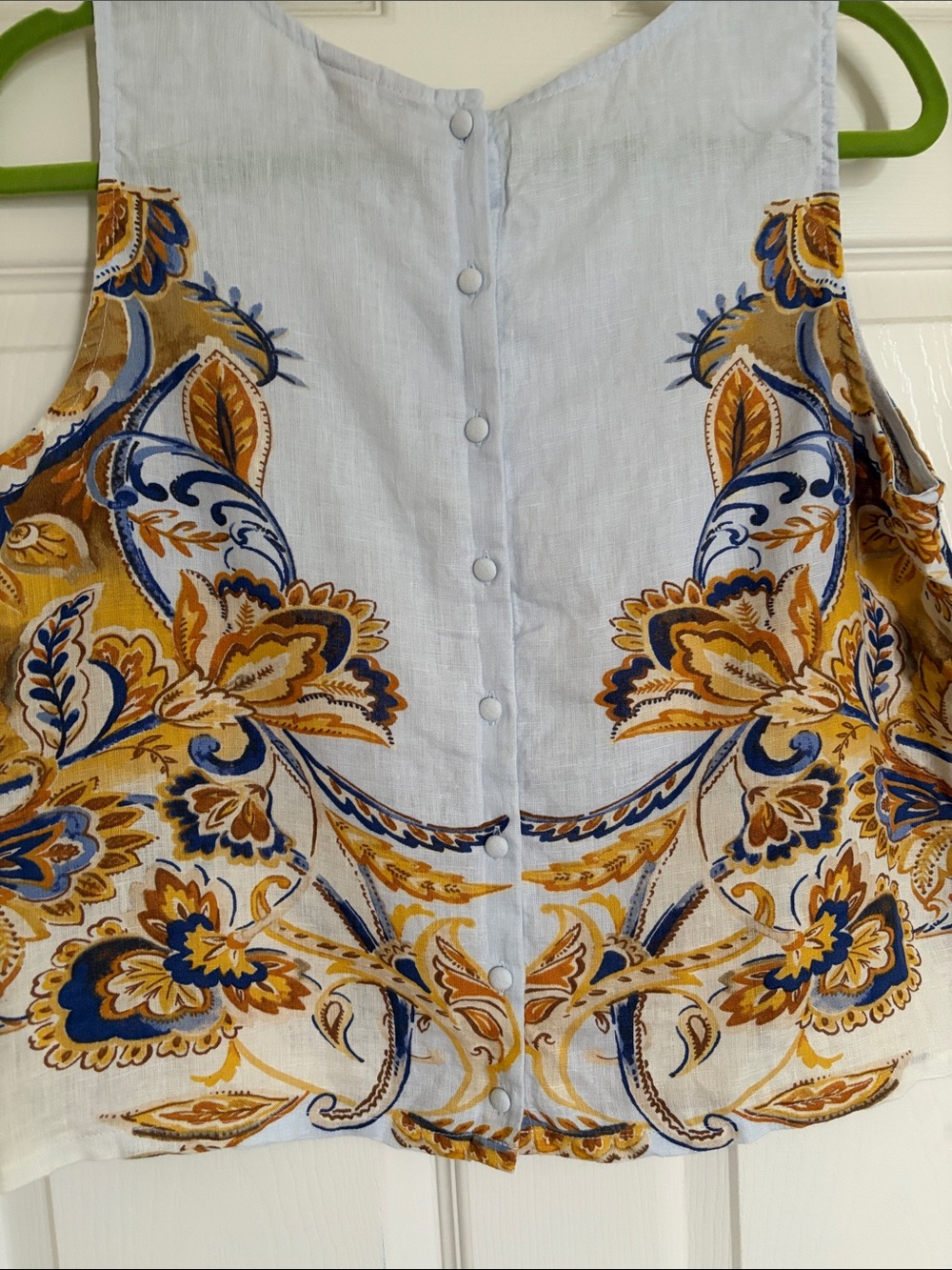 Sleeveless Linen-Blend Top Light Blue with Gold & Blue Floral Print-M-EUC! - Picture 2 of 9